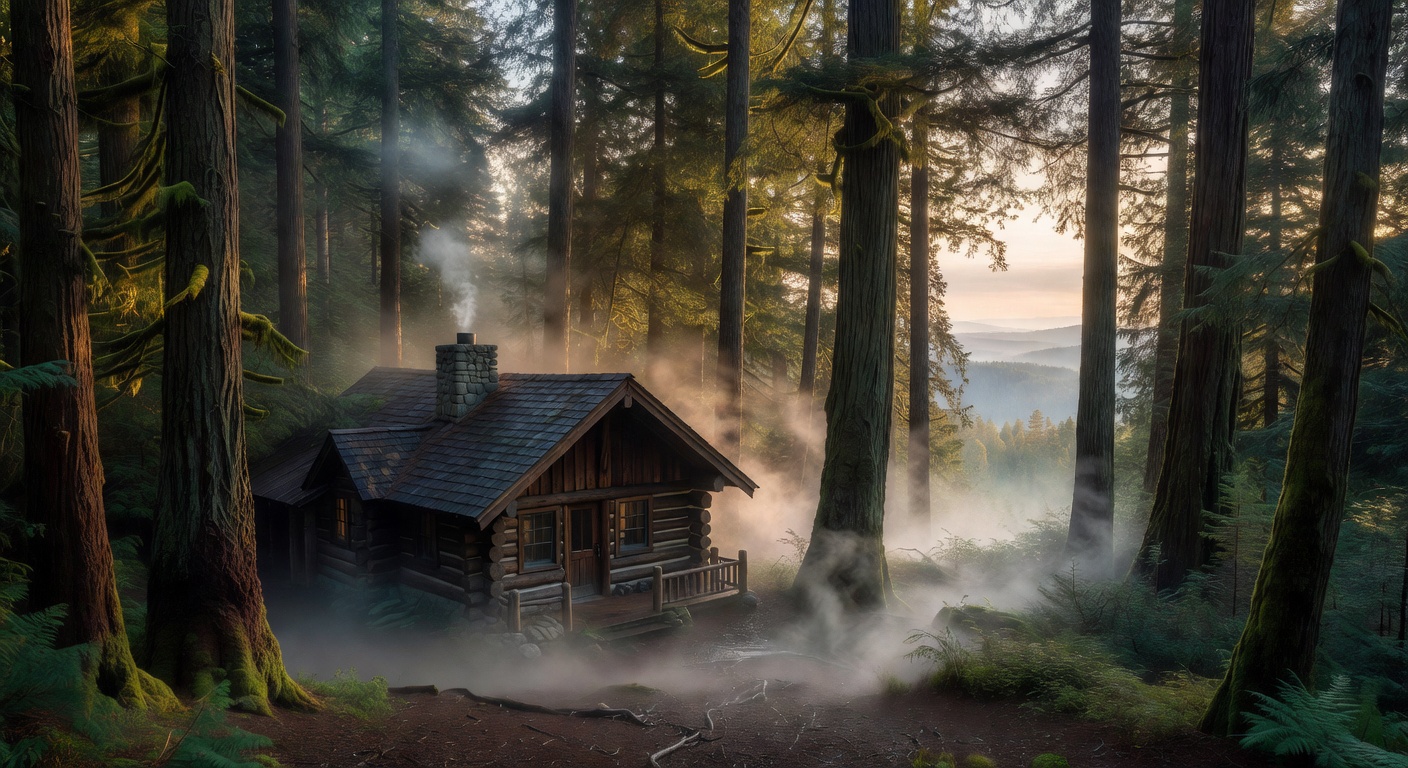 Exterior of the Forest Cabin surrounded by tall trees and morning mist