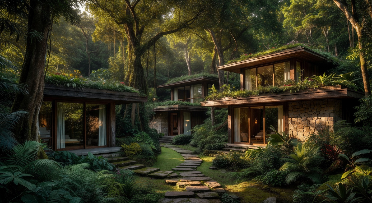 Exterior view of the luxury eco-resort nestled in a lush green forest