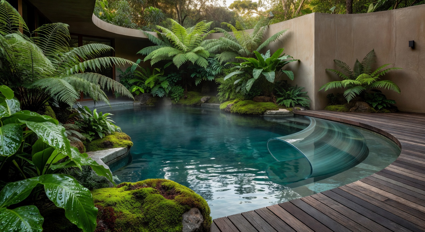 Relaxing view of the outdoor geothermal heated pool surrounded by lush green foliage