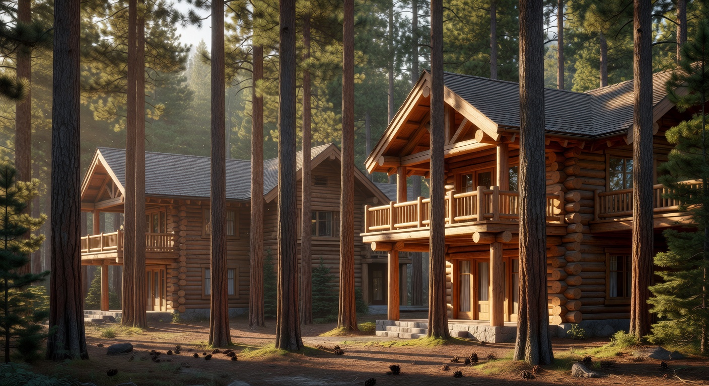Virtual tour preview showcasing the wooden architecture of the resort blending with the surrounding pine trees